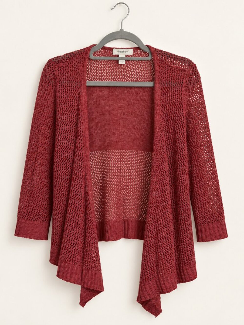 Dressbarn Burgundy Open Knit Waterfall Cardigan Draped Front L